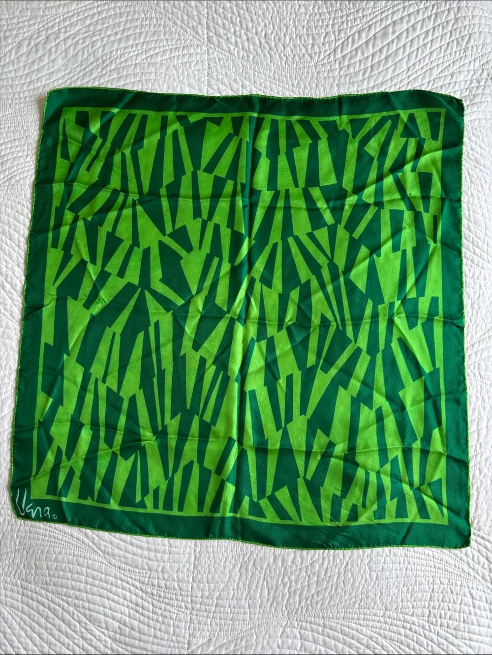 Vintage Silk Scarf Vera Geometric Green Square Head or Neck Scarf
